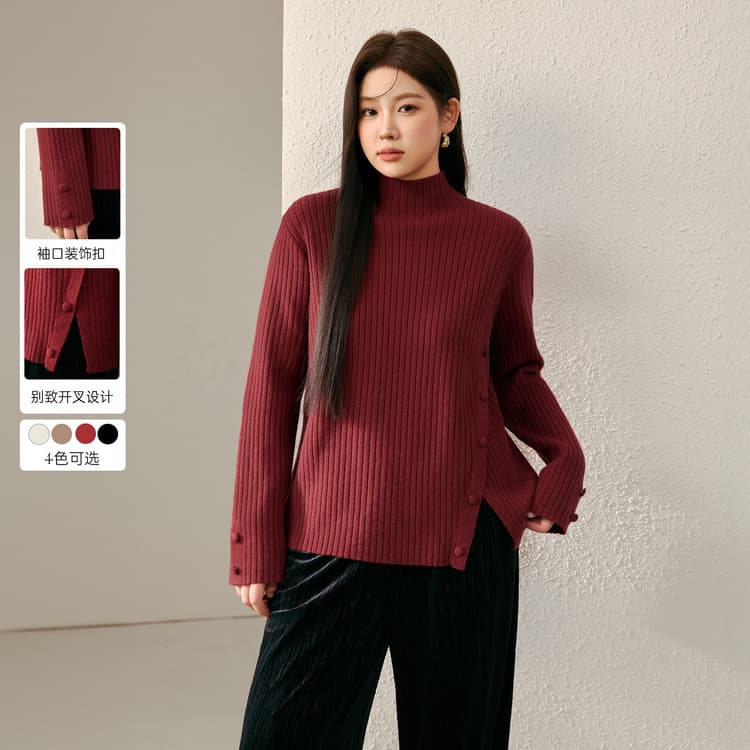 Plus-Size Women's Korean-Style Fashionable High-Neck Sweater with Slit Hem, Versatile and Warm, for Chubby Women, New Winter 2024 Model