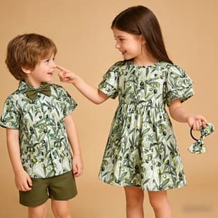 2026 European and American Sibling Matching Outfit, New Short Sleeve Floral Garden Shirt and Shorts Set, Trendy Kids Clothing