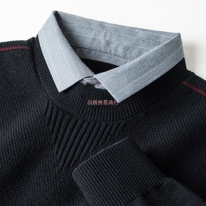 600g Two-Piece Look Stitched Shirt Collar Wool Sweater Men's Winter Thick Warm Casual Knitwear
