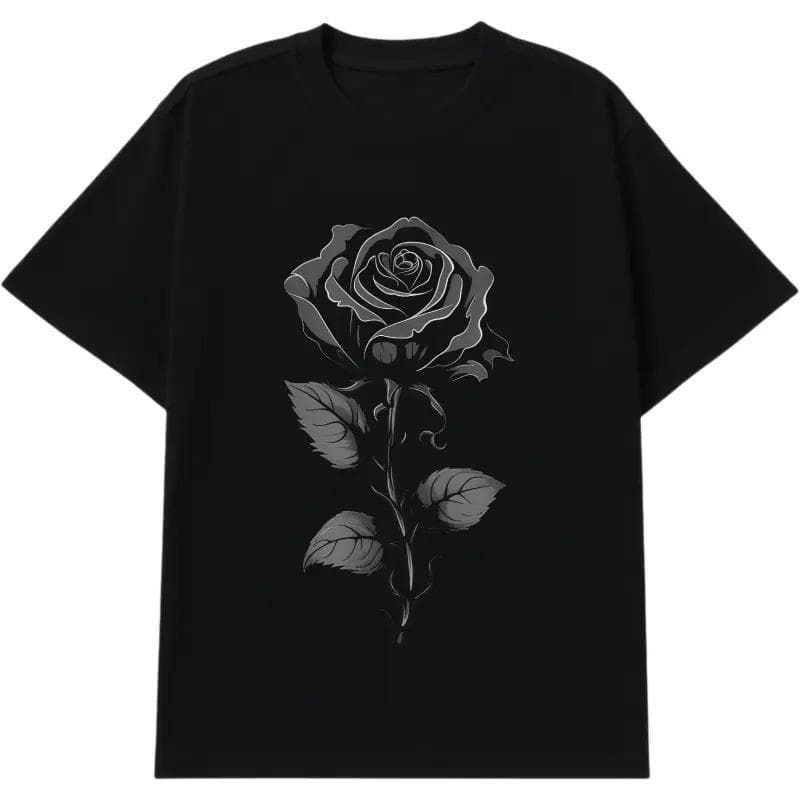 【Cross-Border European Size】Gothic Rose Graphic Tee for Men – Black