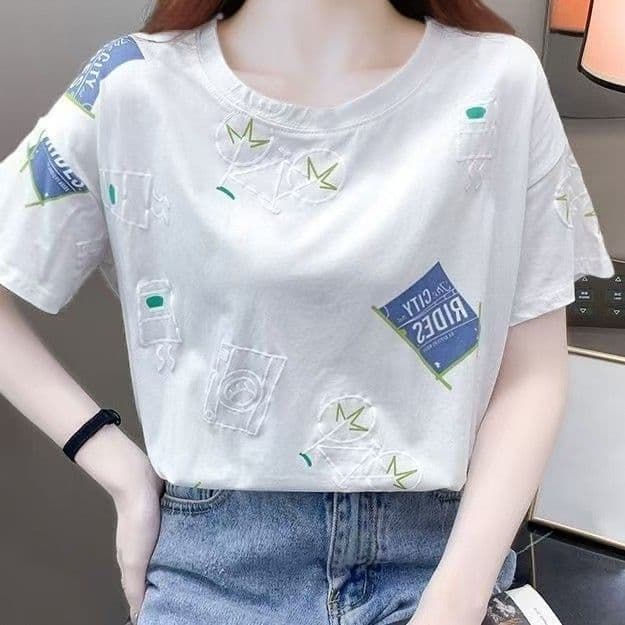 Women's Short-Sleeved Shirt, Summer White, 2026 New Korean Style Loose Round Neck Trendy Half-Sleeve Inner Top