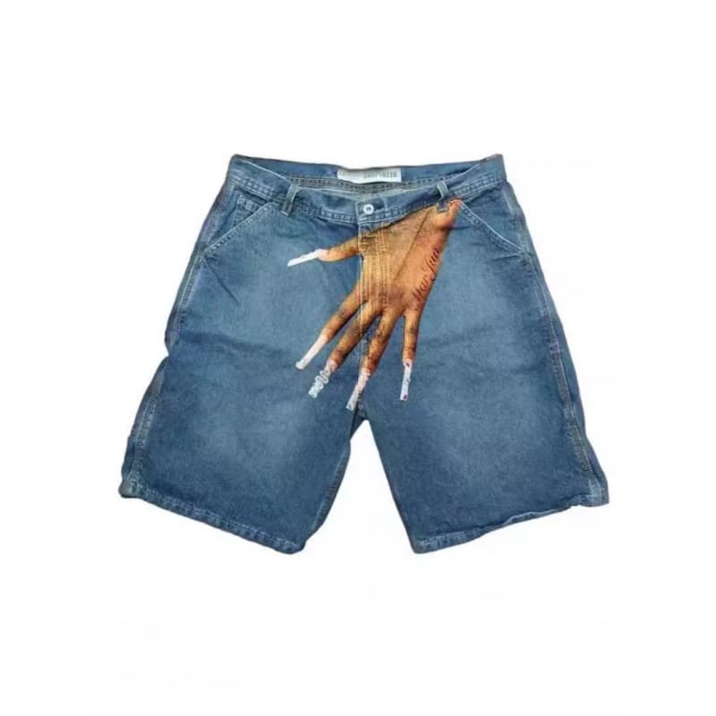 Cross Border Summer European American Street Trend Hip Hop Funny Graphic Print Denim Shorts Men High Street Wide Leg