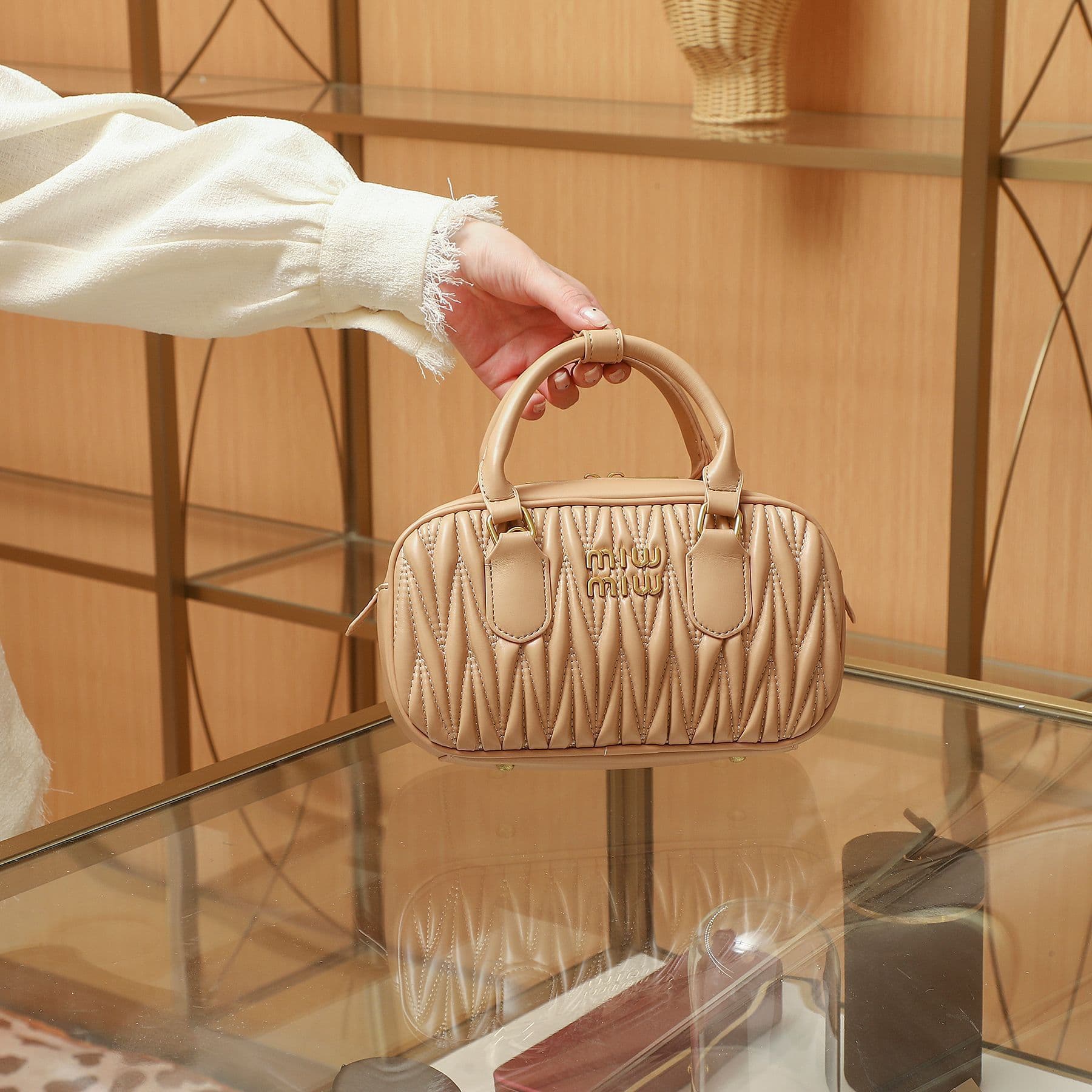 2026 New Miu Miu Women's Bag Fashion Genuine Leather Versatile Bowling Handbag Trendy Single Shoulder Crossbody Bag