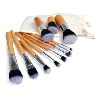 New Bamboo Handle Makeup Brush Set 11pcs with Storage Bag, Makeup Tools Factory Stock Wholesale