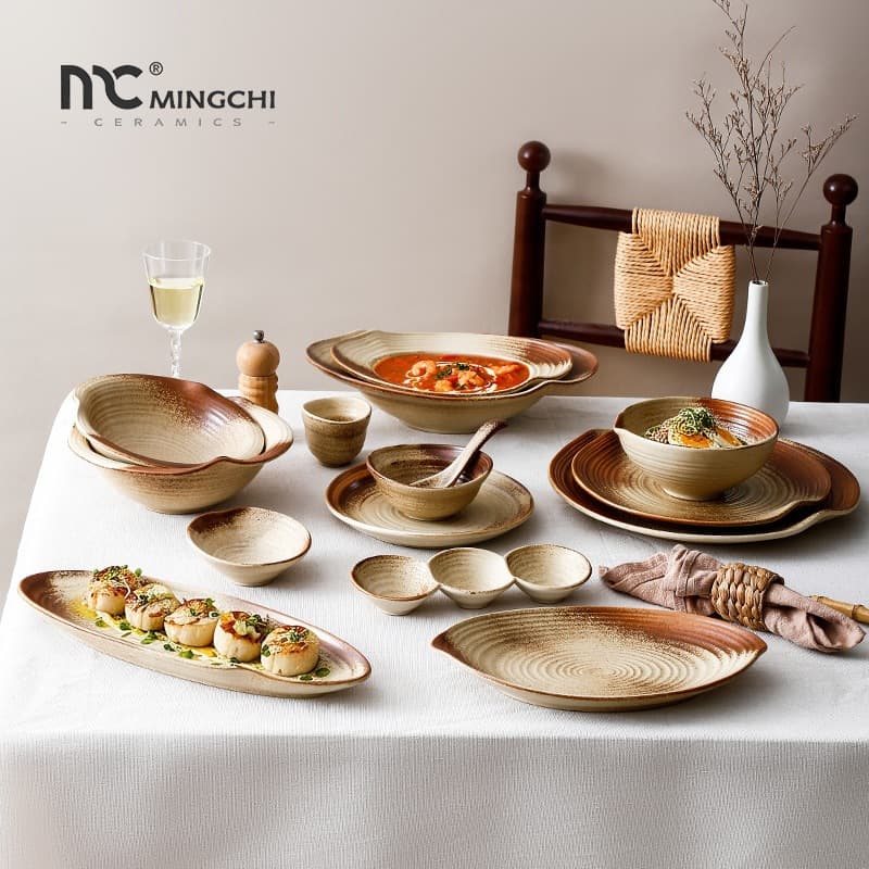 Japanese Style Ceramic Dinnerware Set Vintage Bowls and Plates for Home Restaurant Serving Irregular Flat Plate Dish