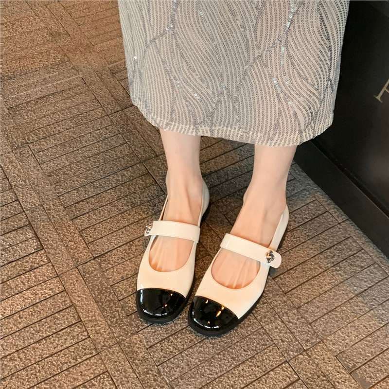 Sheepskin version~ Classic Chanel-style color block single strap Mary Jane shoes women's shallow cut flat genuine leather chunky heel flats