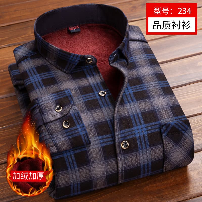 Wholesale of men's warm shirts with fleece lining and thickening, plaid double-sided fleece, for middle-aged and elderly men in autumn and winter.