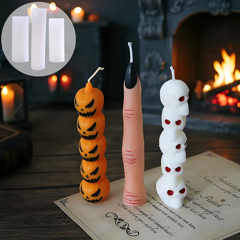 Halloween 3D Pillar Candle Silicone Mold, Severed Finger Stacking Pumpkin Skull Candle, Plaster, Fondant DIY Mold