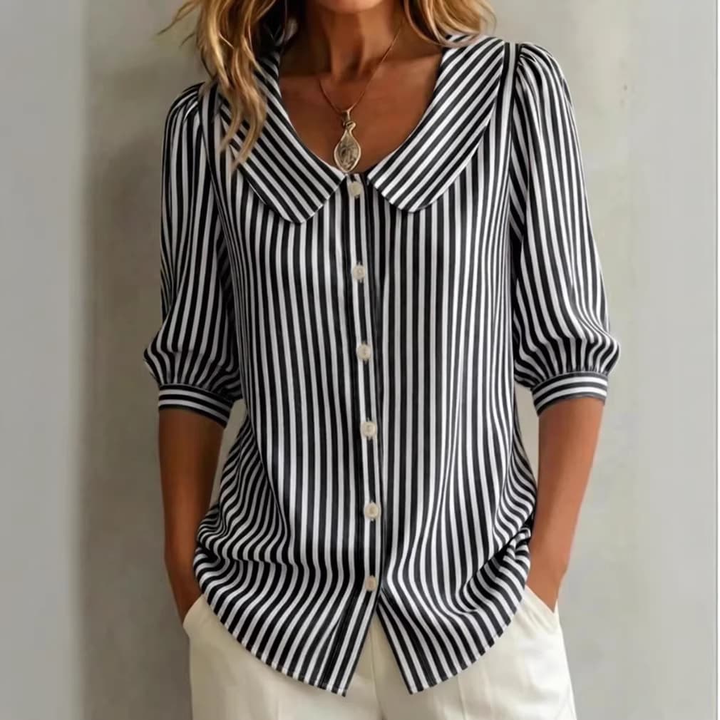 2026 Cross-Border Trade Amazon AliExpress European and American Striped Print Casual Loose Five-Point Sleeve Blouse for Women, In Stock