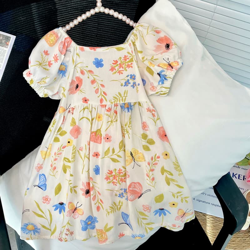 Cross-Border Girls' Cotton Silk Dress, Summer Girls' Short-Sleeved Floral Dress, Baby Girl's All-Over Printed Foreign Trade Princess Dress