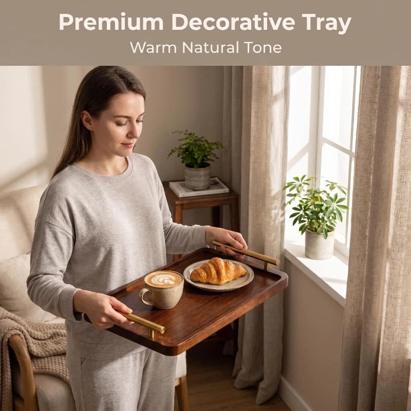 Sandalwood Walnut Color Metal Handle Tray Rectangular Tea Tray Home Breakfast Tray Hotel B&B Serving Tray Storage Tray