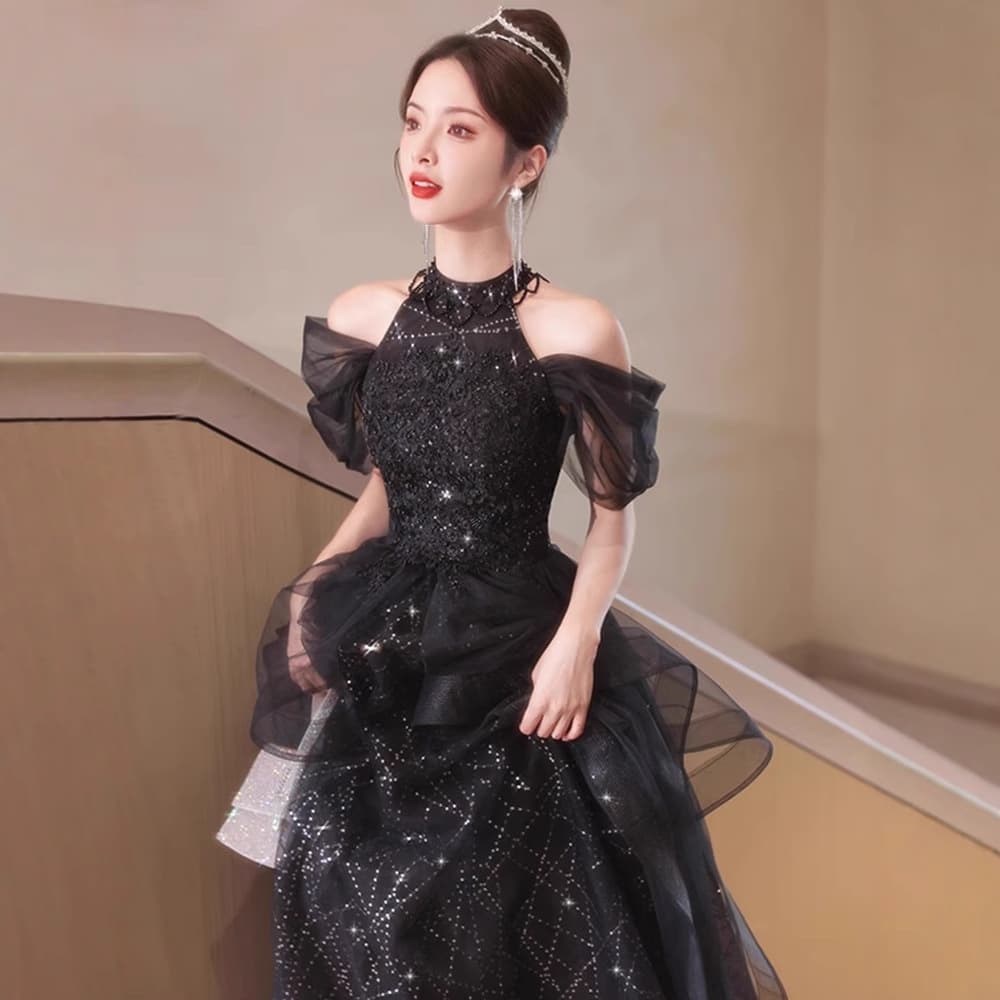 Evening dress niche high-end high-end fluffy princess dress black halter neck graduation ceremony adult ceremony girl ceremony