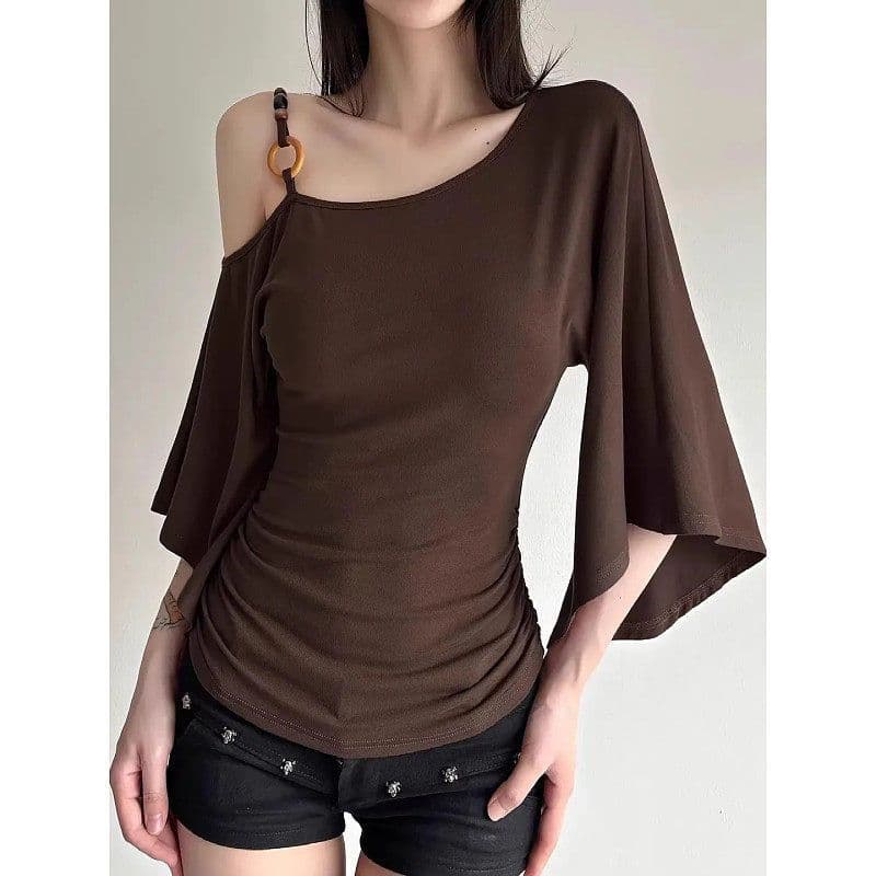 Cap Sleeve T-Shirt for Women, American Retro Y2K Style, Asymmetric Off-Shoulder Design, Chic Versatile Slim Fit Flattering Top