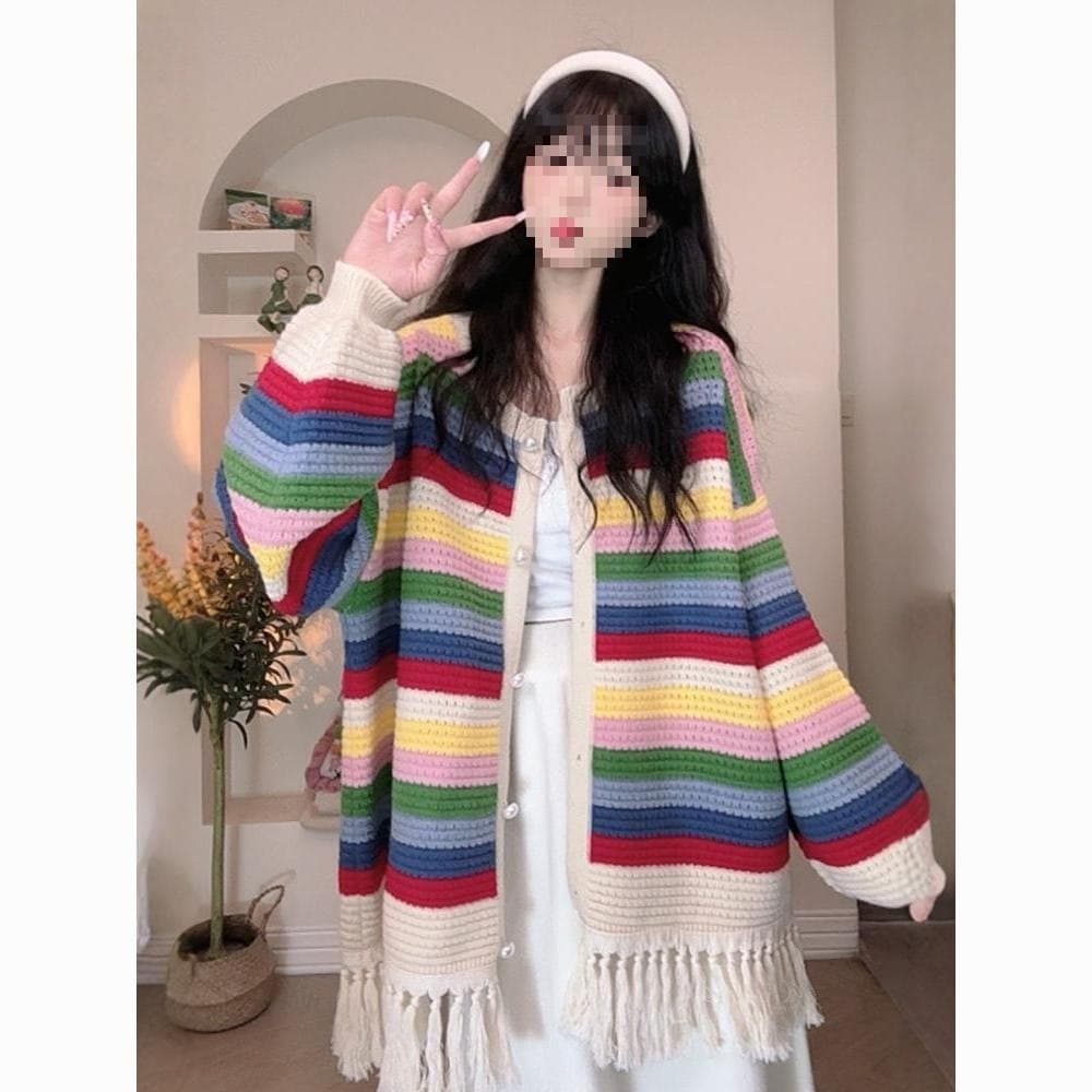 New Korean-Style Rainbow Fringe Knit Cardigan Long-Sleeve Sweater Coat Plus Size Women's Clothing Loose Lazy Cute Youthful