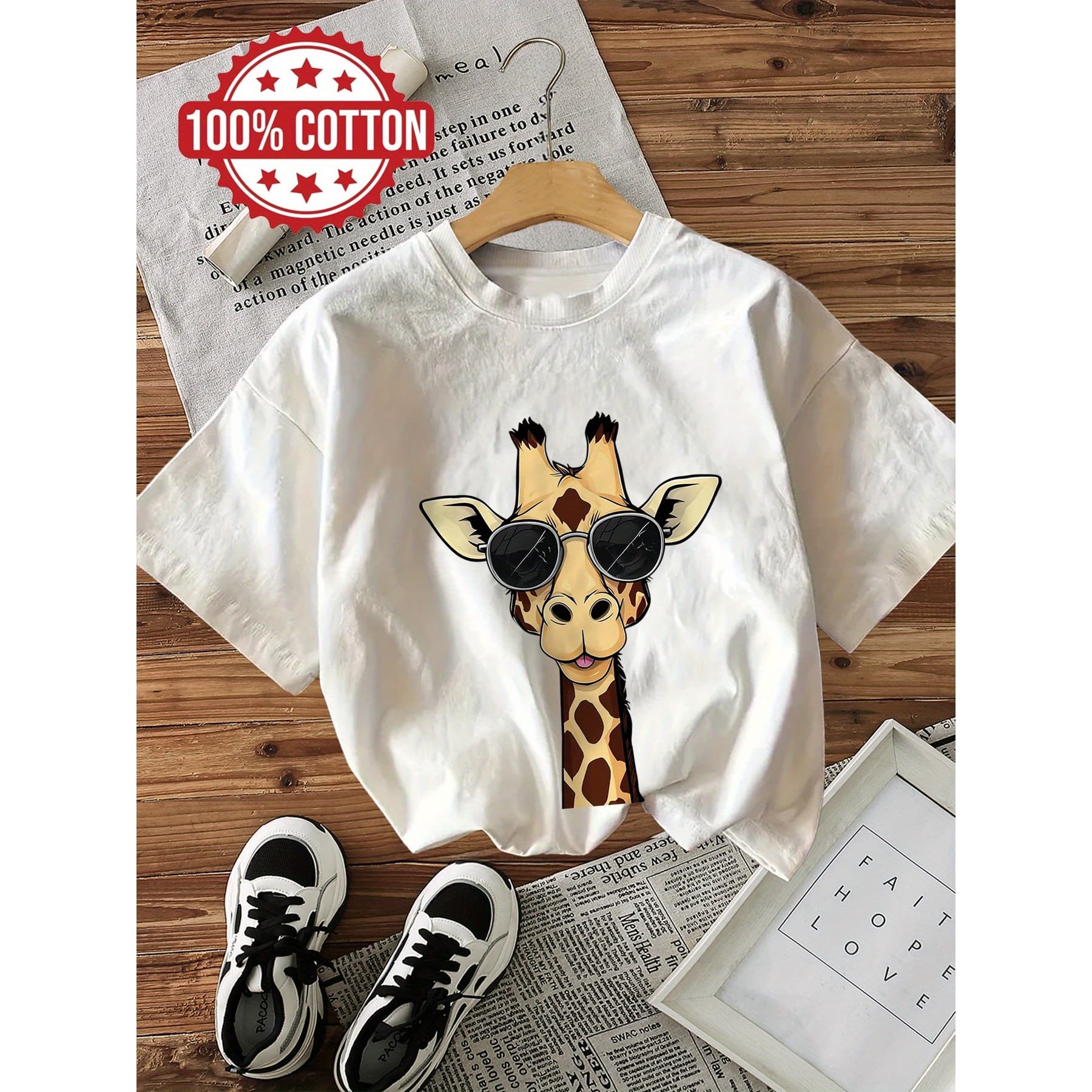 【EU Size Cotton Tee】Cartoon Style Giraffe Sunglasses Print Short Sleeve Crew Neck Cotton T-Shirt White Pink