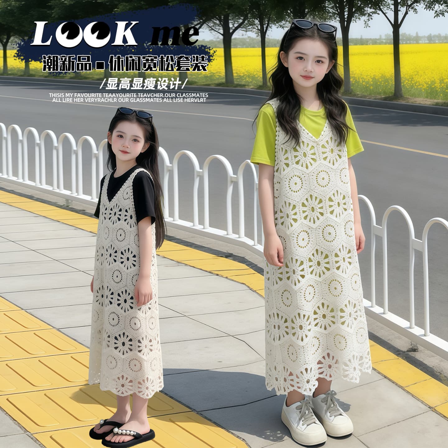 Girls Summer Layered Dress 2026 Korean Style T-Shirt Dress Hollow Vest 9 Big Kids Camisole Two-Piece Set Trendy