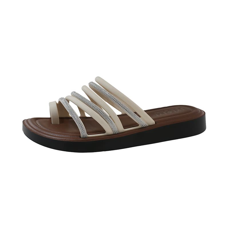 Cross-border Rhinestone Flat Sandals for Women, Fashionable French-style Roman Sandals, Beach Sandals with Toe Loop