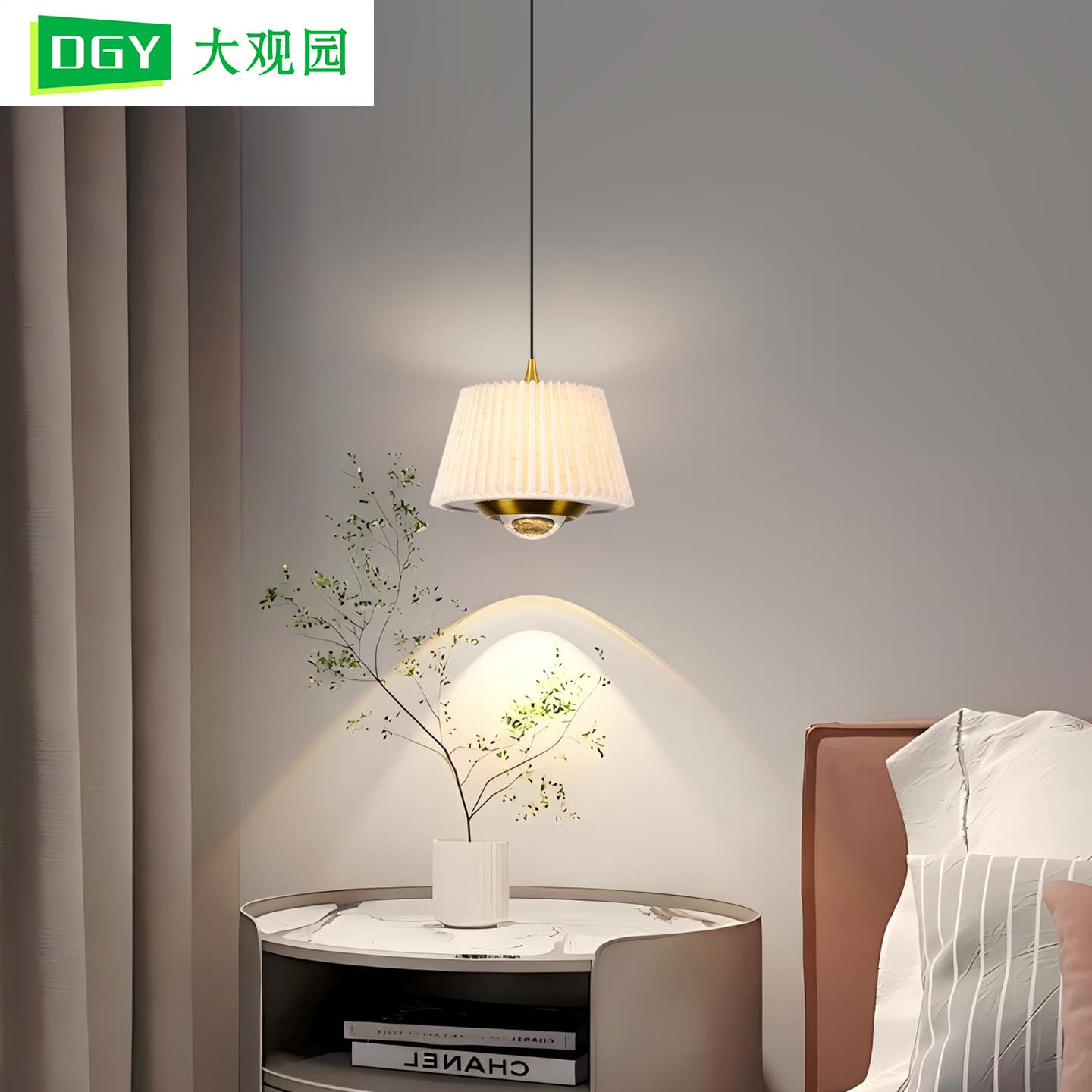 New Light Luxury Vintage Pleated Bedside Pendant Light, French Warm Fabric Floating Lift Ambiance Hanging Lamp 055L