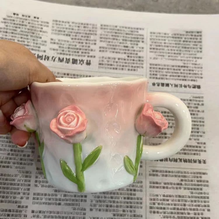 Factory wholesale rose ceramic cup, small fresh flower tea cup, creative coffee cup, couple milk cup, ice cream cup