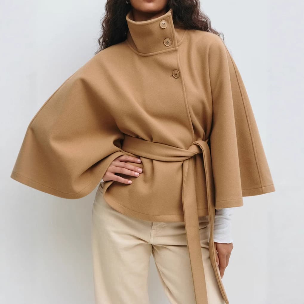 European & American Women's Wear Autumn/Winter New Amazon Cross-Border Fashion Solid Color Cape Stand Collar Button Belted Windbreaker Coat