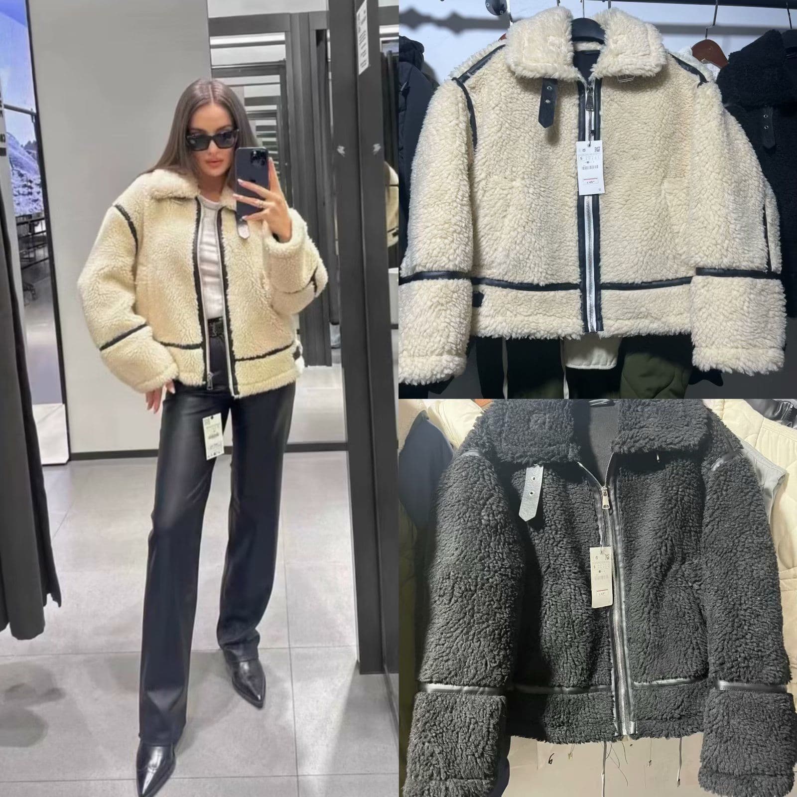European and American style 2023 autumn and winter new fashion loose color matching versatile lamb fleece jacket with large lapel
