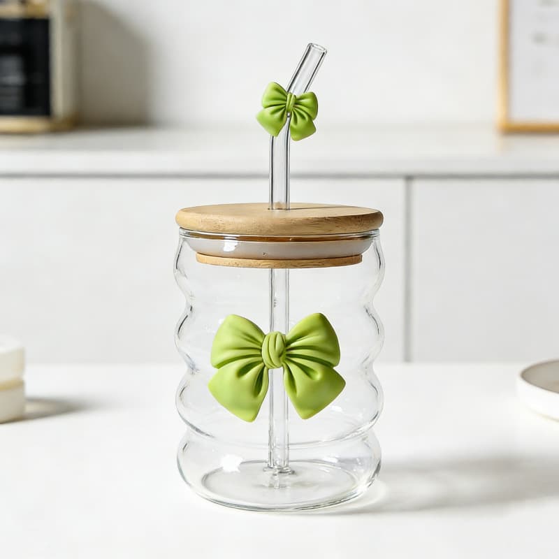 Bow Caterpillar Straw Cup, Heat-Resistant Borosilicate Glass, Coffee Milk Juice Swirl Glass