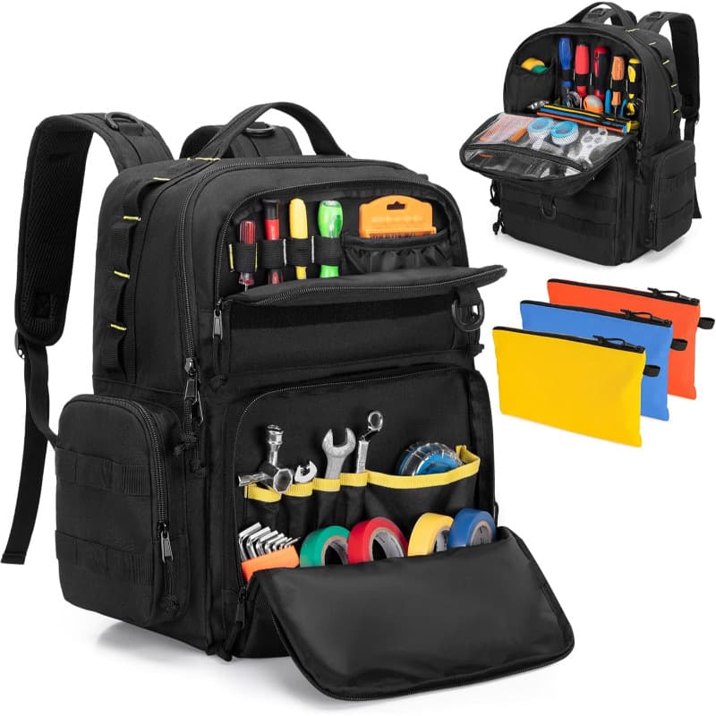Tool Backpack Heavy-Duty Tool Storage Bag with Padded Shoulder and Waist Support for Electricians and Maintenance Workers