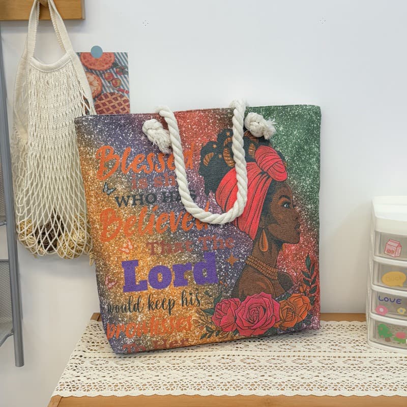 Original Hand-Painted Tote Bag with Black Girl Print, Lightweight Foldable Handbag for Travel and Shopping, Women's Bag