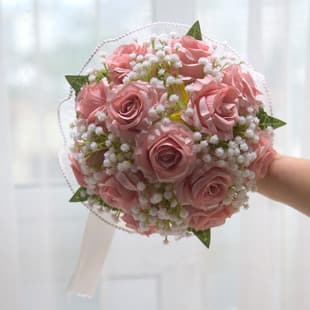 093 Rose Baby's Breath Bouquet Outdoor Wedding Forest Style Plastic Flower Bride Certificate Photo Prop