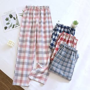 Check Cotton Pajama Pants Women Long Pants Spring Summer Autumn Thin Breathable Absorbent Washed Cotton Loungewear Loose Plus Size