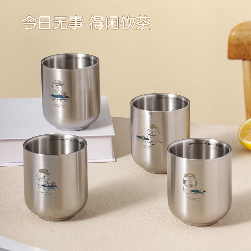 304 stainless steel double-layer water cup, Chinese-style tea cup for home use, heat-resistant for adults, children, and students' milk.