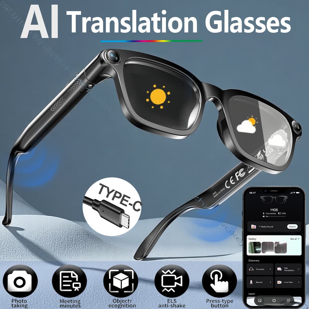 Cross-Border M08 Smart Glasses with Real-Time Video, Type-C Interface, Flexible Temples, and Ai Smart Glasses with Camera