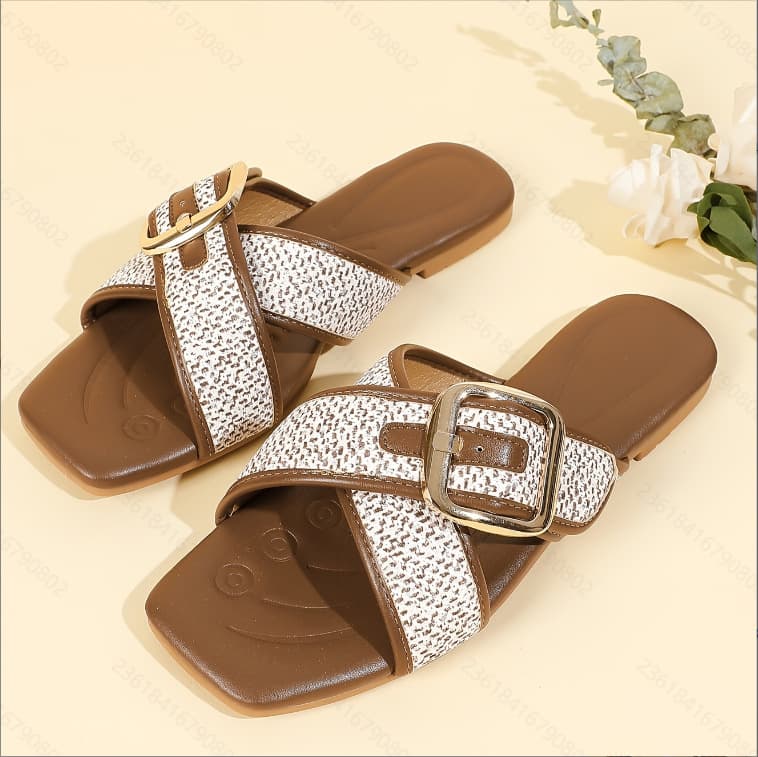 (Sold out, no replacement) 2025 new summer style braided cross metal buckle strap sole heel open toe sandals back flat slippers for women