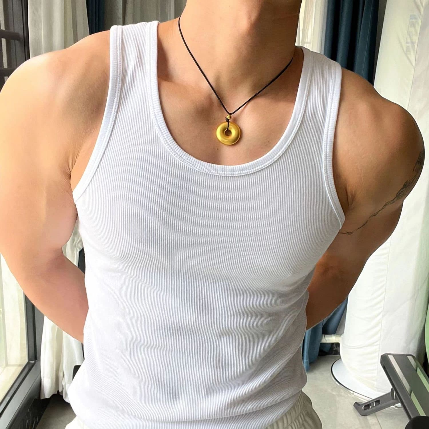 Striped Pure Cotton Base Layer Vest for Men, Summer Sport Fitness Training Ribbed Shoulder Vest Elastic Tight Knit T-Shirt