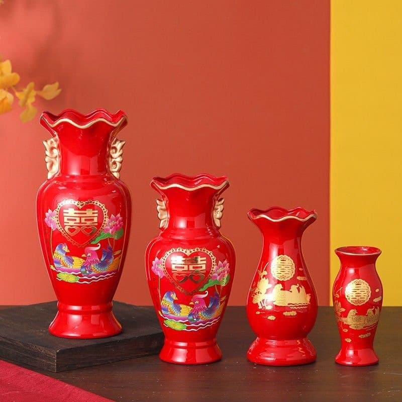 Chinese Red Wedding Vase Red Bottle Living Room Decoration Traditional Ceramic Vase