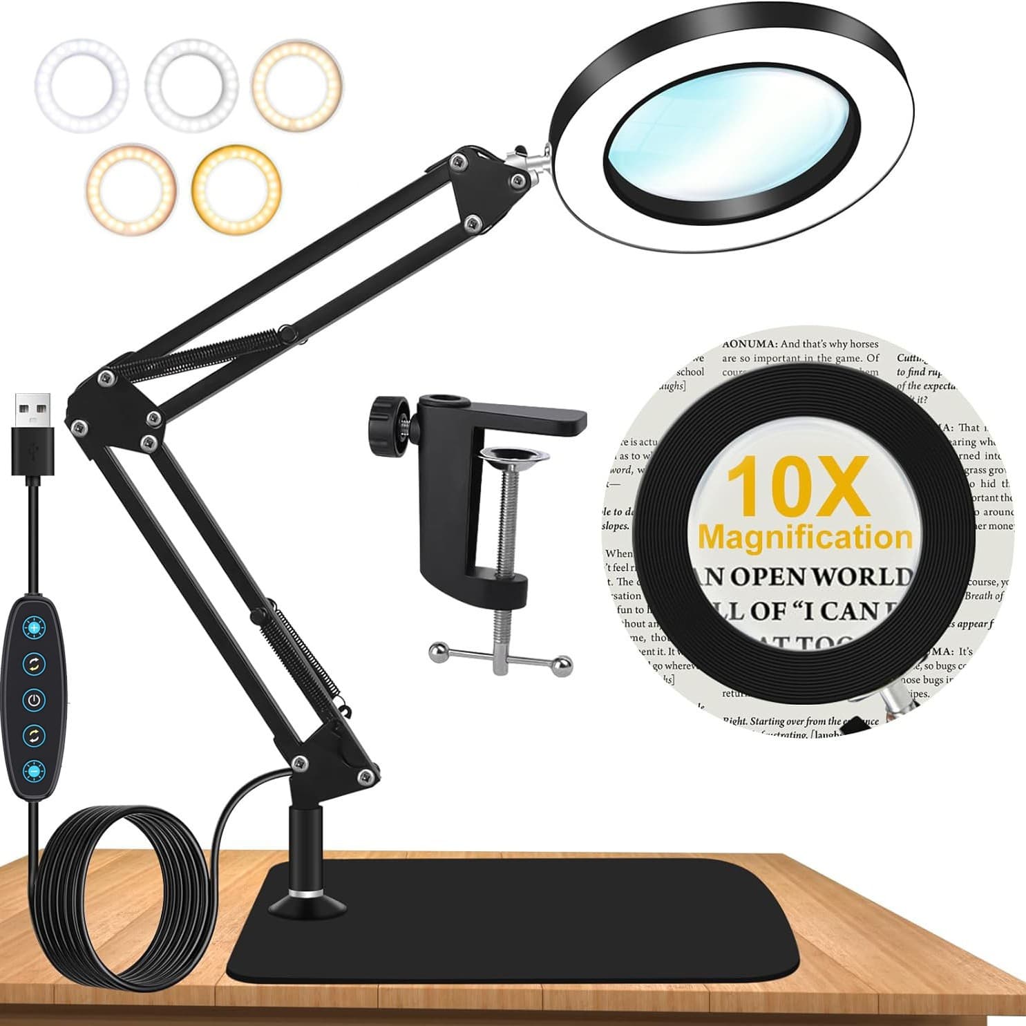 Cross-border exclusive 6-inch desktop ring magnifier lamp with 5-color dimming for eyebrow and nail art, eye-protecting work light.