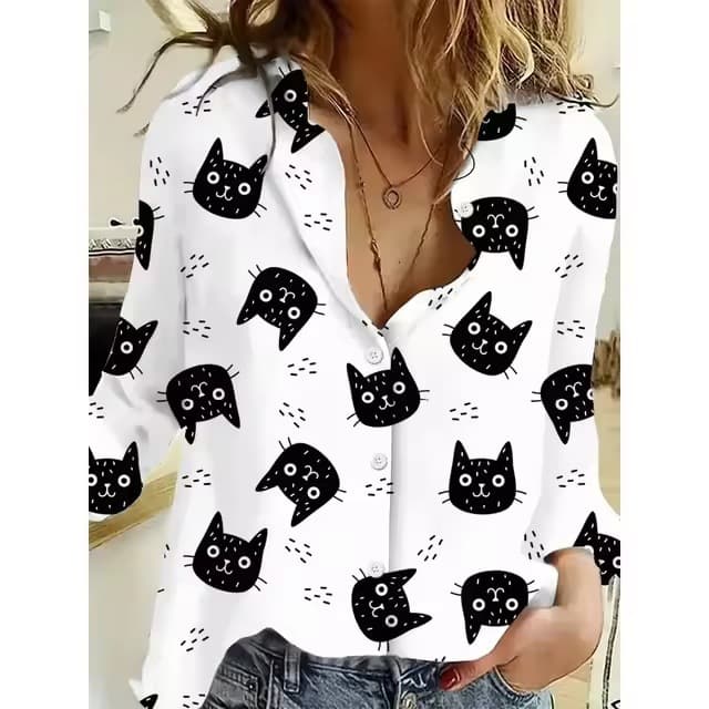 Temu Y22025 Women's Blouse Top Gray Cute Cat 3D Print Shirt Long Sleeve Casual Fashion Daily Wear