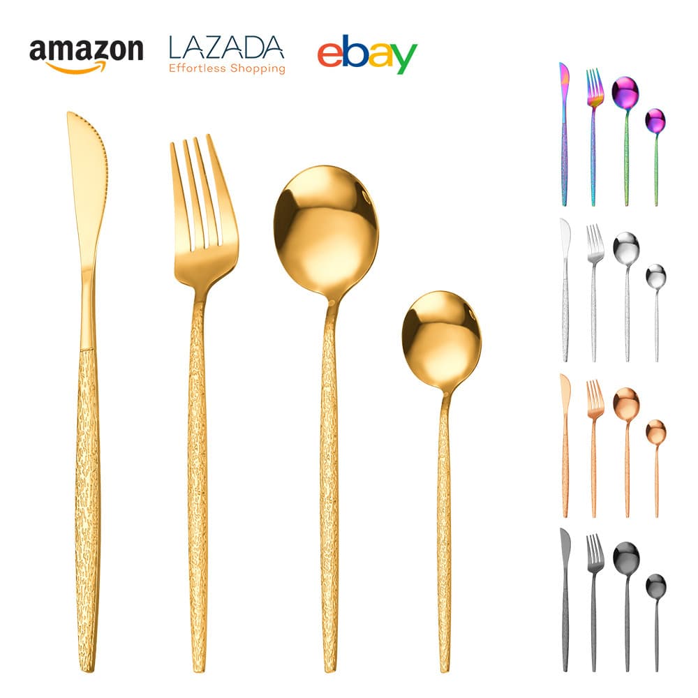 Stainless Steel Hammered Portuguese Cutlery 4-Piece Set Steak Knife Fork Spoon Dessert Spoon for Amazon Cross-Border
