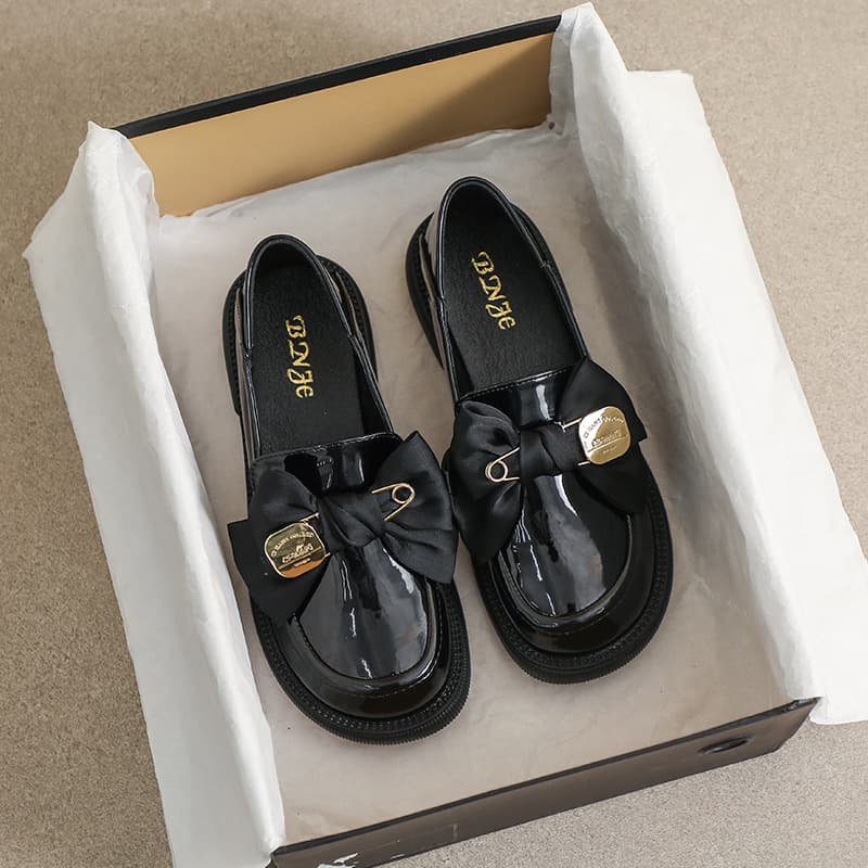 Women's Vintage Thick Bottom Lolita Shoes Spring Autumn Small Leather Shoes Black Butterfly Knot Soft Bottom Single