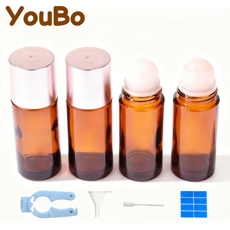 In Stock 50ml Straight Round Amber Glass Roller Bottle with Rose Quartz Roller Ball, Roll-On Bottle, Pain Relief Roller, Antiperspirant Bottle