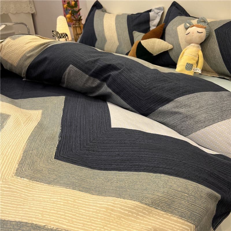 Trendy Minimalist Ins Men's Bedding 4-Piece Set Washed Cotton Artistic Single/Double Duvet Cover Sheet 3-Piece Set