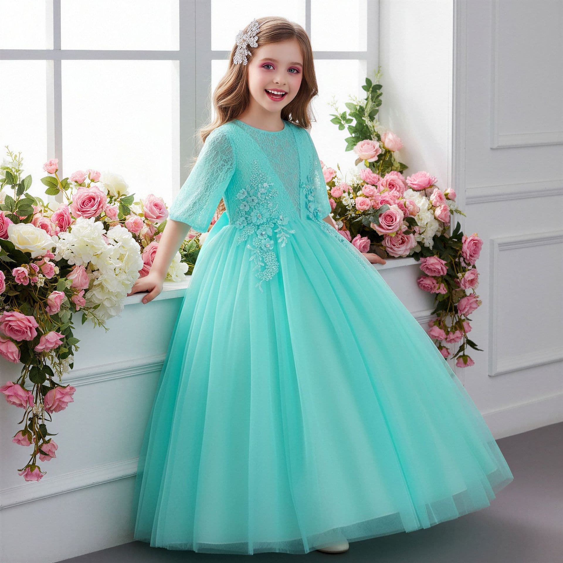Girls Long Formal Dress Embroidered Tulle Princess Dress Little Host Piano Performance Dress Wedding Flower Girl Dress