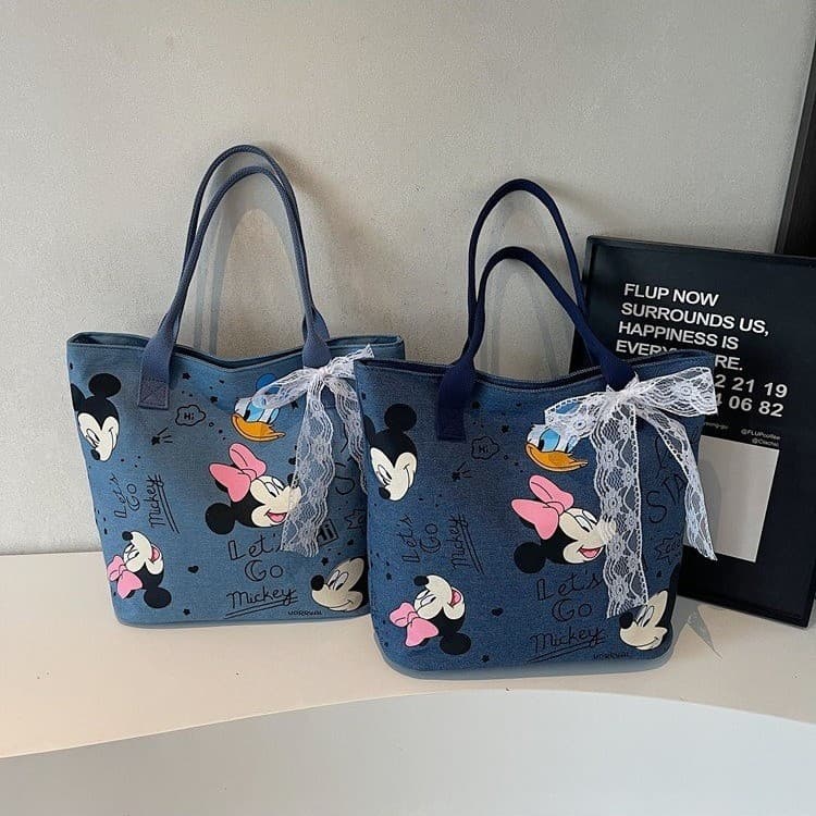 Original Large Capacity Denim Bag for Women, Cartoon Mickey Minnie Mouse Tote Bag, Versatile Ins Scarf Shoulder Bag
