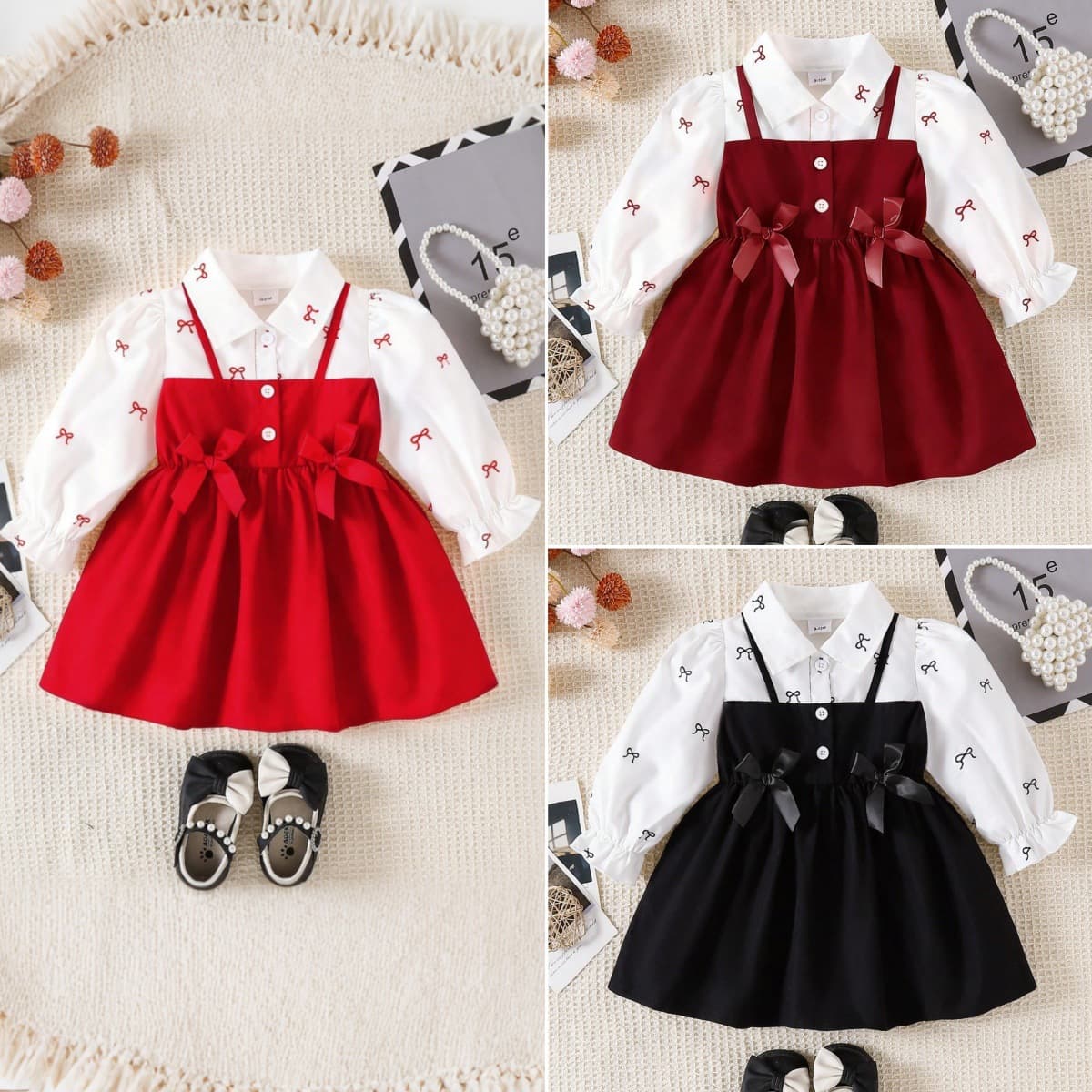 Baby Girls Clothes 0-3Y Spring Autumn Two-Piece Bow Detail Shirt Dress In Stock