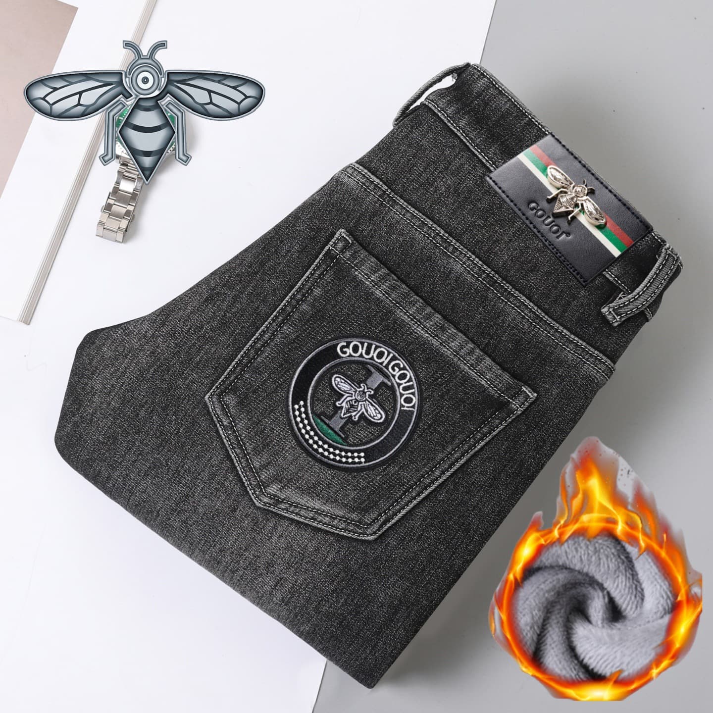 GOUOI Fleece-Lined Warm Black Brand Jeans for Men, Slim Straight Leg Stretch Winter Light Luxury Integrated Fleece Pants