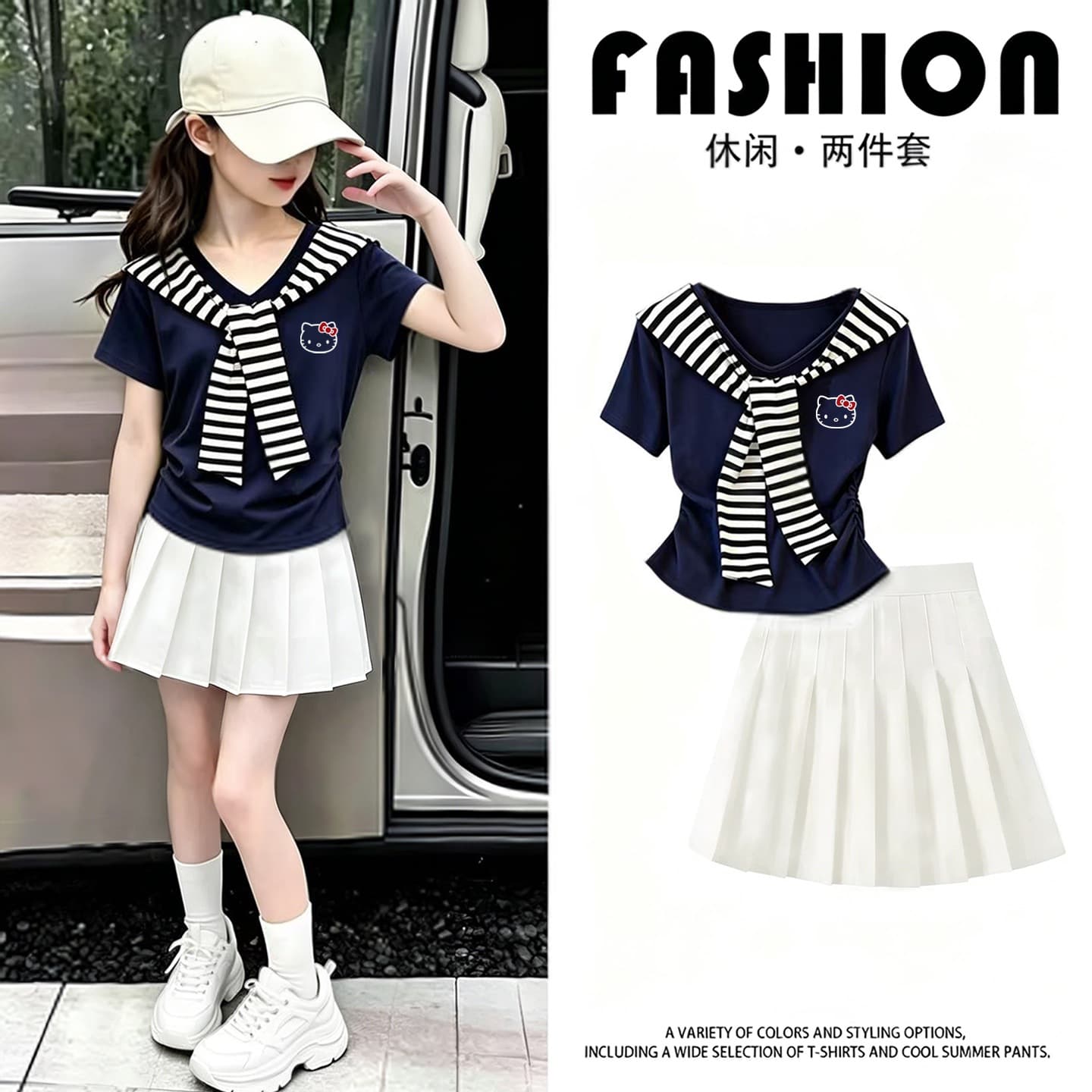 Children's 2026 new style girls' waist pleated short-sleeved navy style striped cat head short-sleeved T-shirt for middle and older children in summer wear