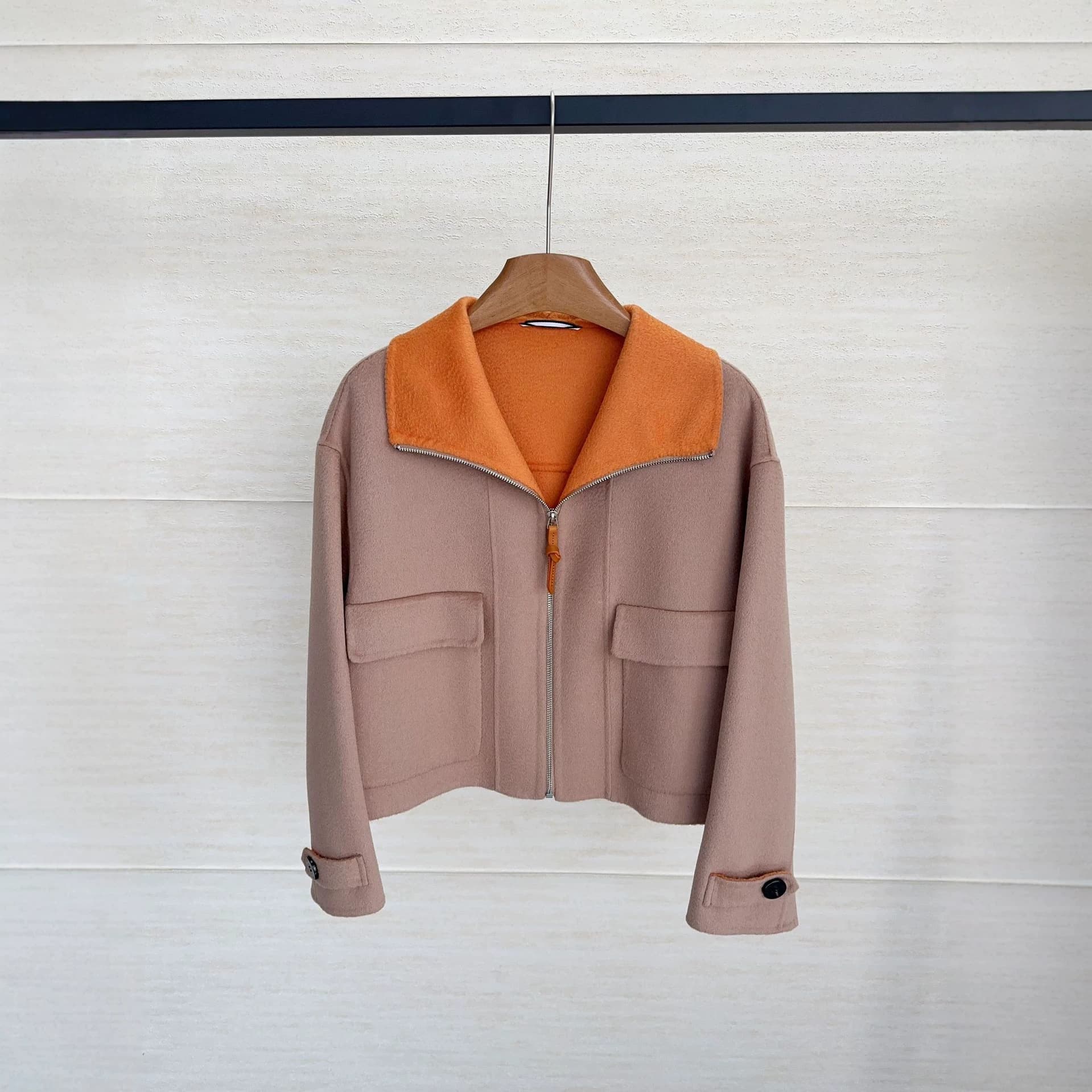 Classic Two-Tone H-Style Correct Version High Collar Zip Short Double-Faced Cashmere Jacket