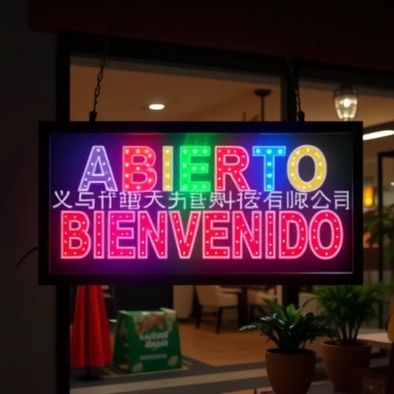 Spanish LED billboard, color photo print ABIERTO BIENVENIDO