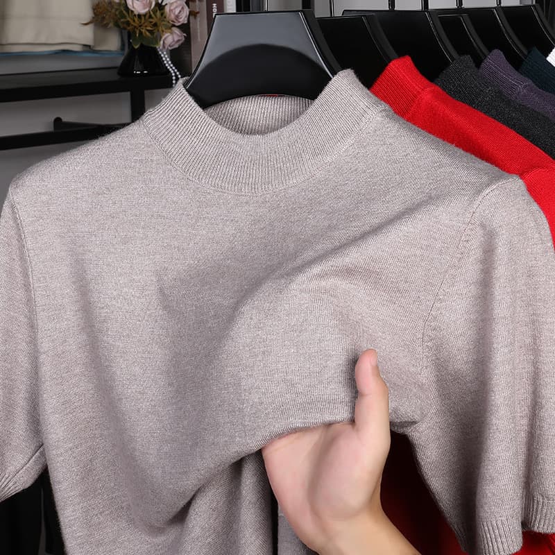 Cross-border Short-sleeve Sweater for Men, Mock Neck Knit Top, Thin Style, Pullover Half-sleeve, Youth Knit T-shirt for Men