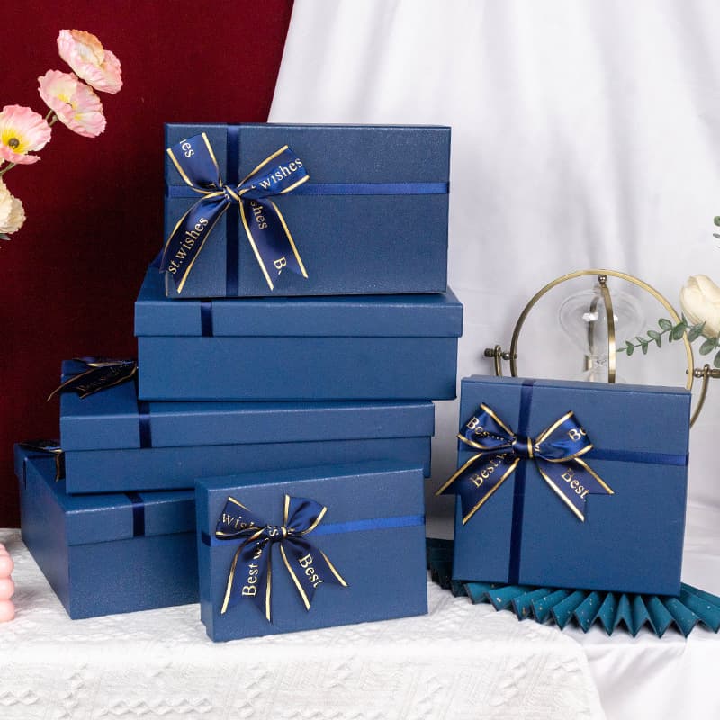 Factory In-Stock Blue Gift Box Rectangular Bow Gift Box Lid and Base Packaging Box High-End Gift Box
